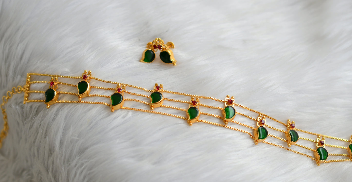 Gold tone kerala style pink-green mango choker necklace set dj-43858