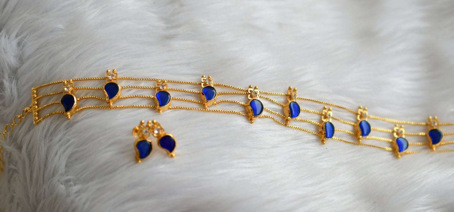 Gold tone kerala style blue-white mango choker necklace set dj-43857