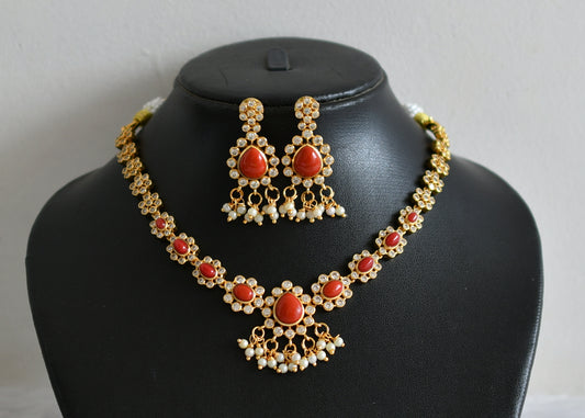 Matte finish cz coral pearl cluster flower necklace set dj-49080