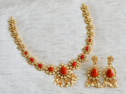 Matte finish cz coral pearl cluster flower necklace set dj-49080