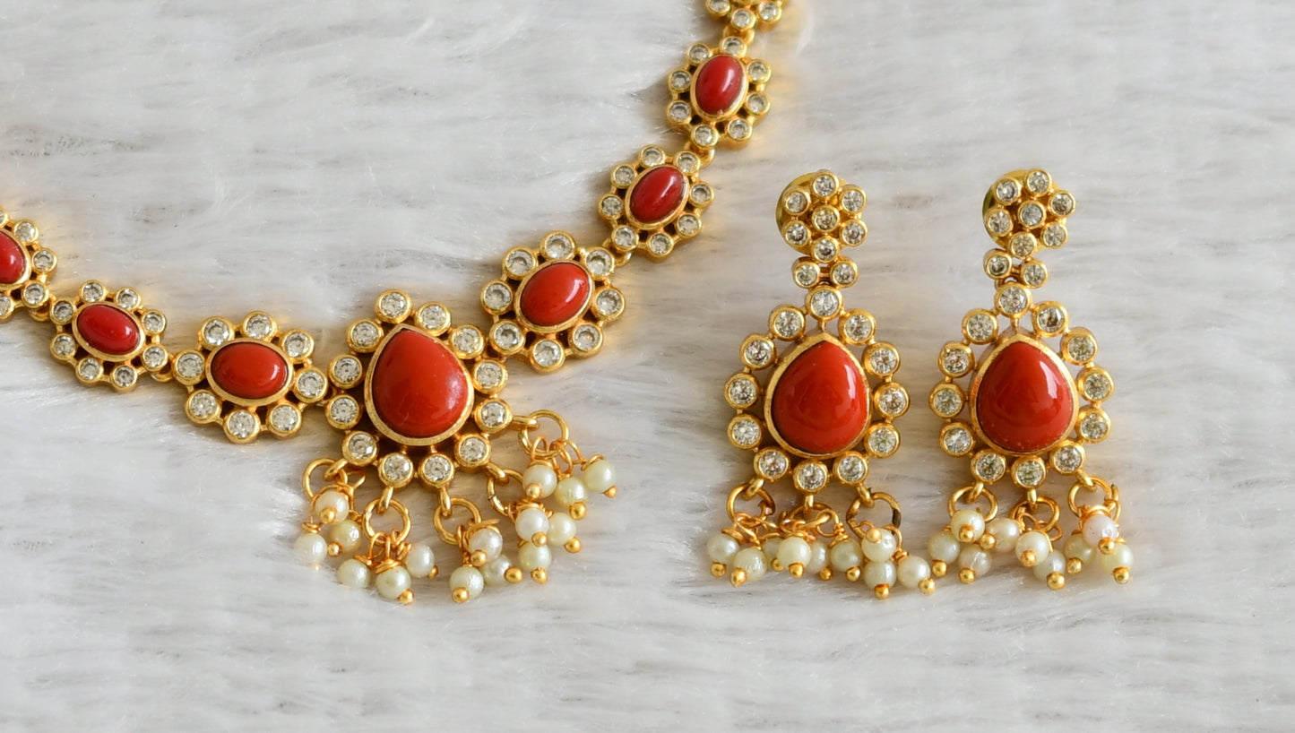 Matte finish cz coral pearl cluster flower necklace set dj-49080