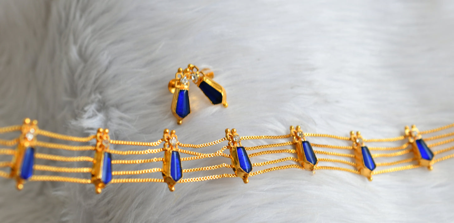 Gold tone kerala style blue-white nagapadam choker necklace set dj-43856
