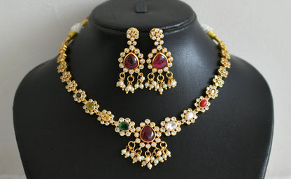 Matte finish cz navarathna pearl cluster flower necklace set dj-49082