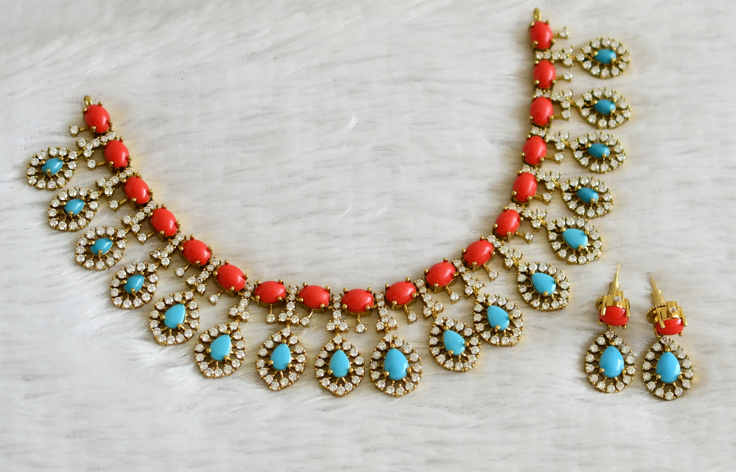 Matte finish cz coral-turquoise blue stone necklace set dj-49079