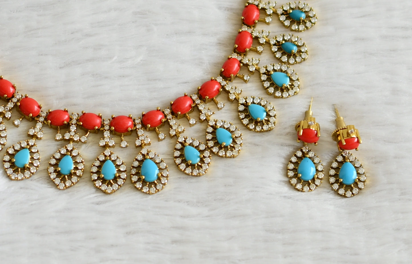 Matte finish cz coral-turquoise blue stone necklace set dj-49079