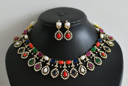 Matte finish cz navarathna stone necklace set dj-49077