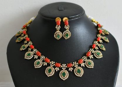 Matte finish cz coral-green stone necklace set dj-49076