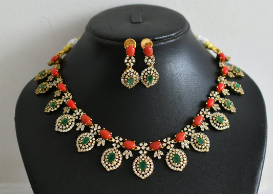 Matte finish cz coral-green stone necklace set dj-49076