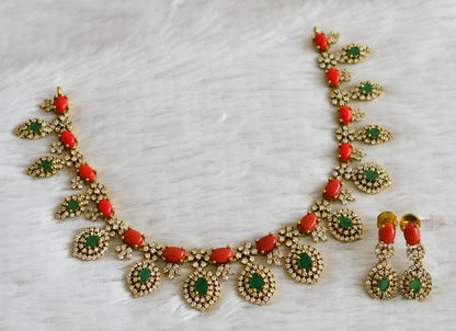 Matte finish cz coral-green stone necklace set dj-49076