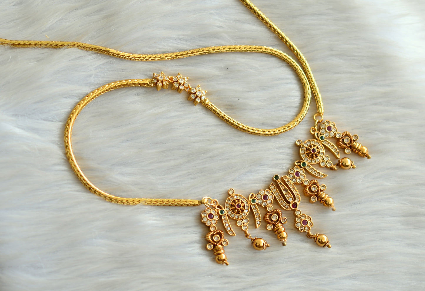 Gold tone Cz ruby-greenshanku-chakra-nama pendant flower mugappu chain dj-42595