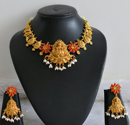 Matte finish ruby-green coral lakshmi peacock rice pearl necklace set dj-49089