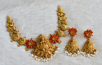 Matte finish ruby-green coral lakshmi peacock rice pearl necklace set dj-49089