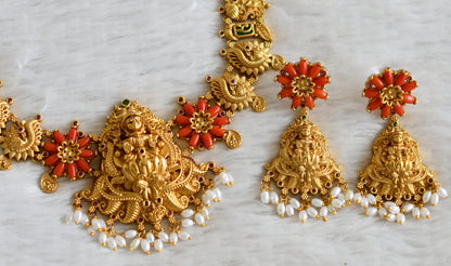 Matte finish ruby-green coral lakshmi peacock rice pearl necklace set dj-49089