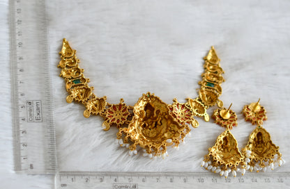 Matte finish ruby-green coral lakshmi peacock rice pearl necklace set dj-49089