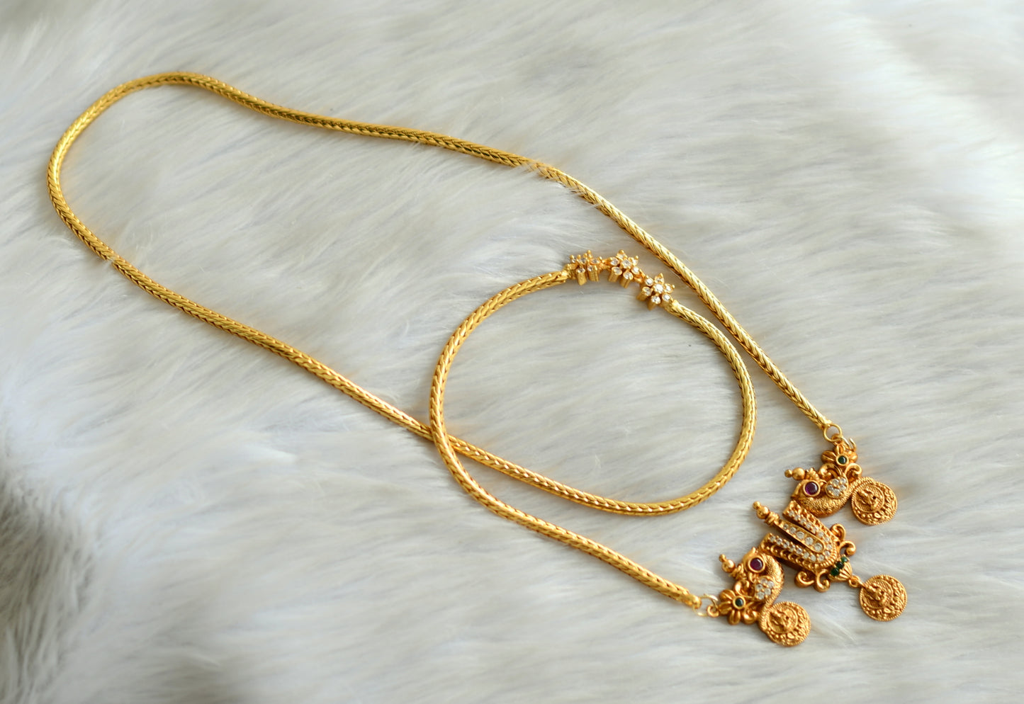 Gold tone peacock Nama pendant with flower mugappu chain dj-42594