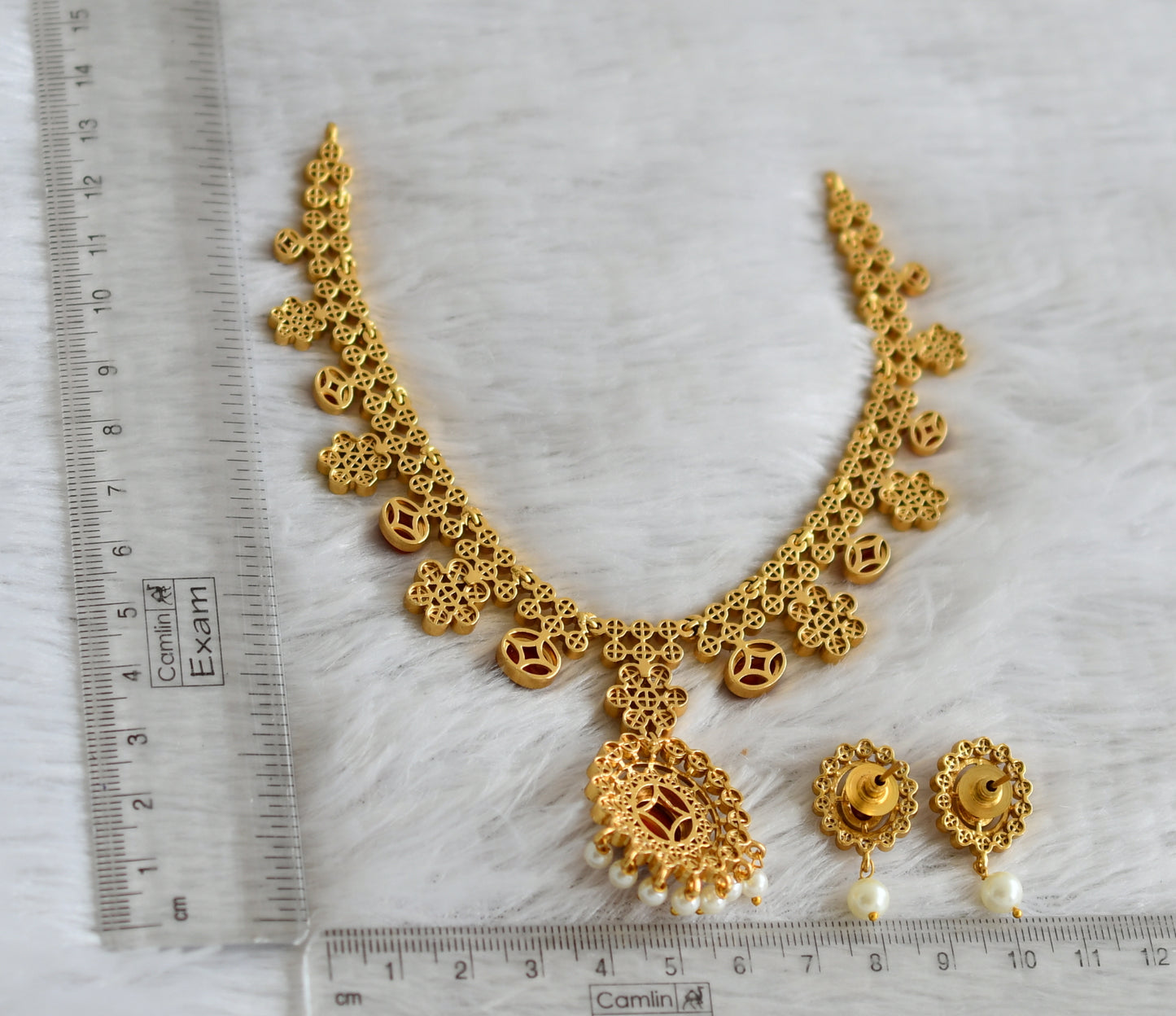 Matte finish cz navarathna stone flower necklace set dj-49088