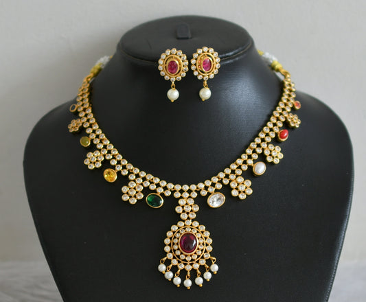 Matte finish cz navarathna stone flower necklace set dj-49088