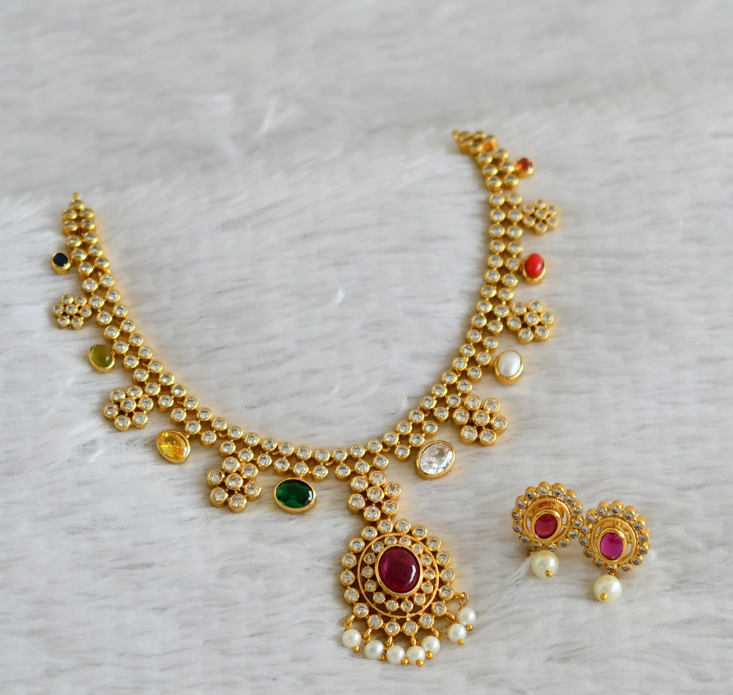 Matte finish cz navarathna stone flower necklace set dj-49088