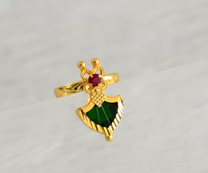 Gold tone kerala style pink-green palakka small finger ring dj-47305