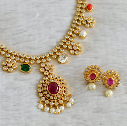 Matte finish cz navarathna stone flower necklace set dj-49088