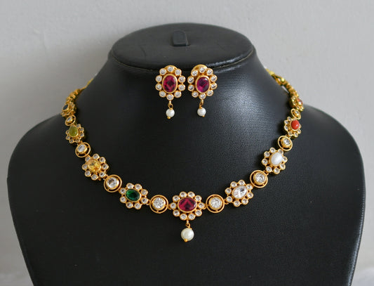 Matte finish cz navarathna stone flower necklace set dj-49085