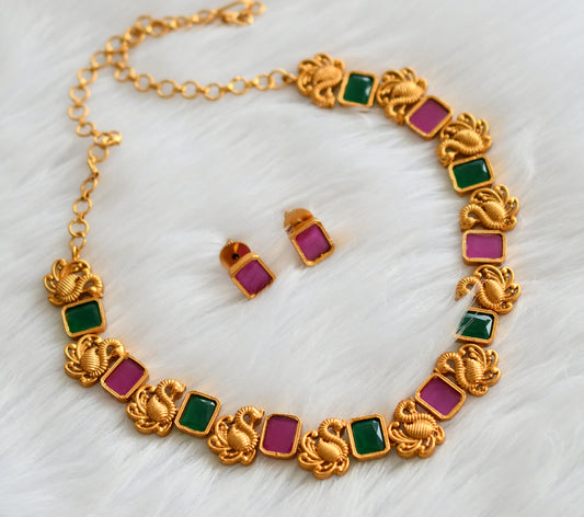 Matte finish ruby-green block stone swan necklace set dj-31262