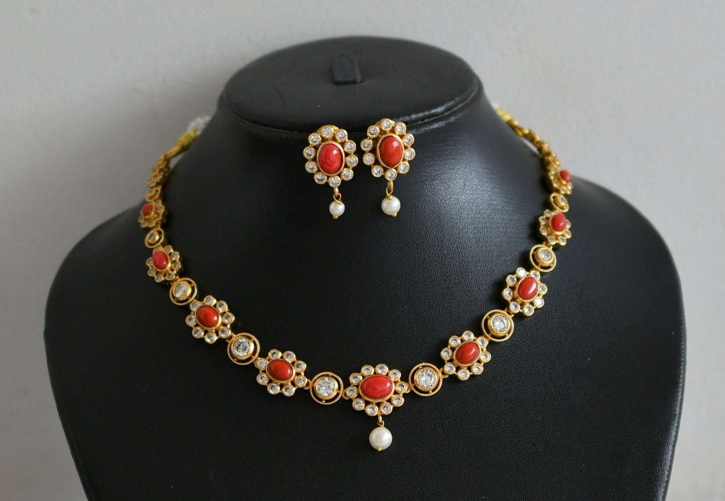 Matte finish cz coral stone flower necklace set dj-49083