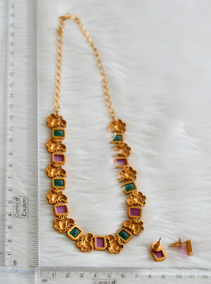 Matte finish ruby-green block stone swan necklace set dj-31262