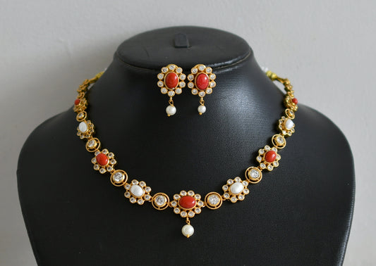 Matte finish cz coral-pearl stone flower necklace set dj-49084