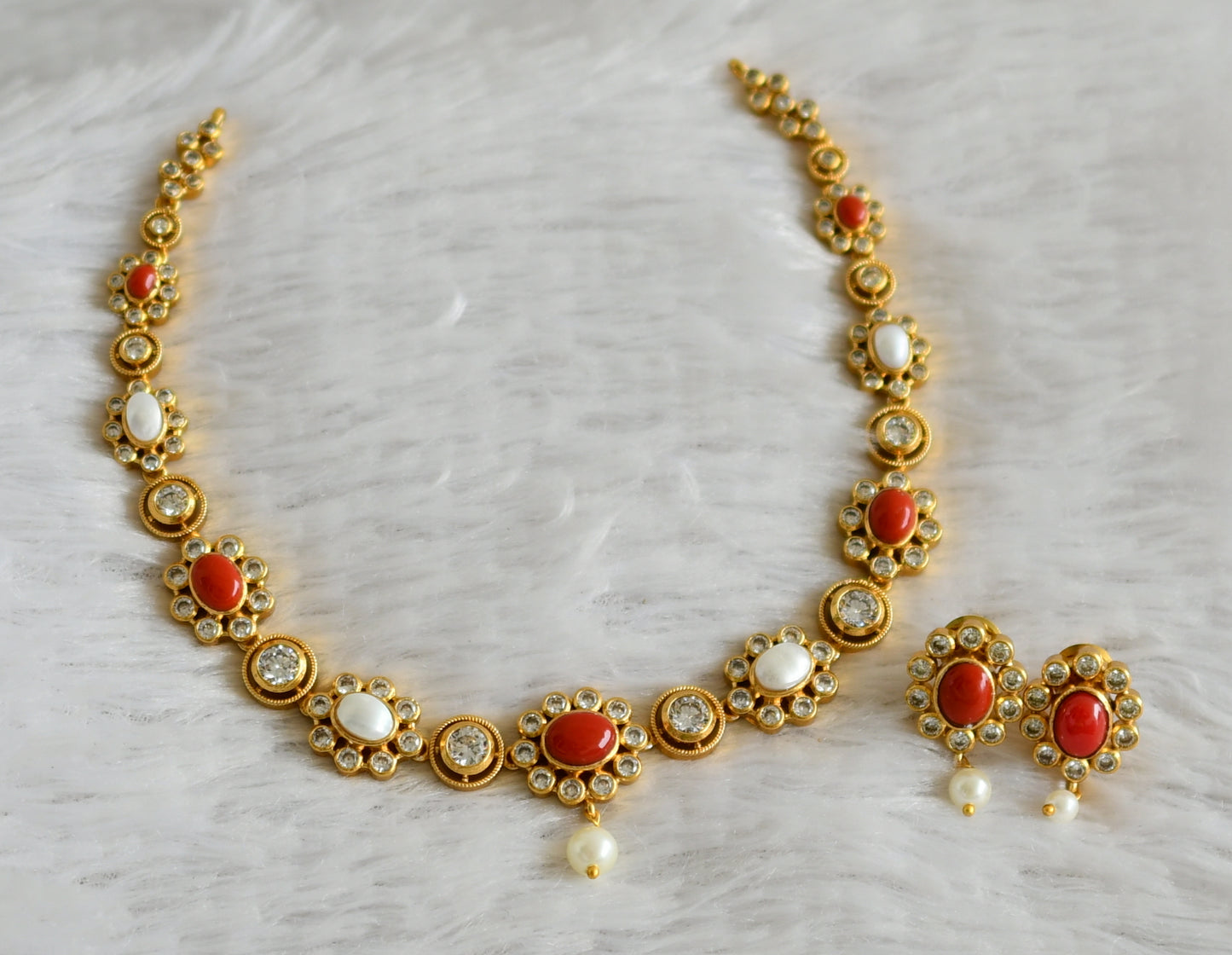 Matte finish cz coral-pearl stone flower necklace set dj-49084