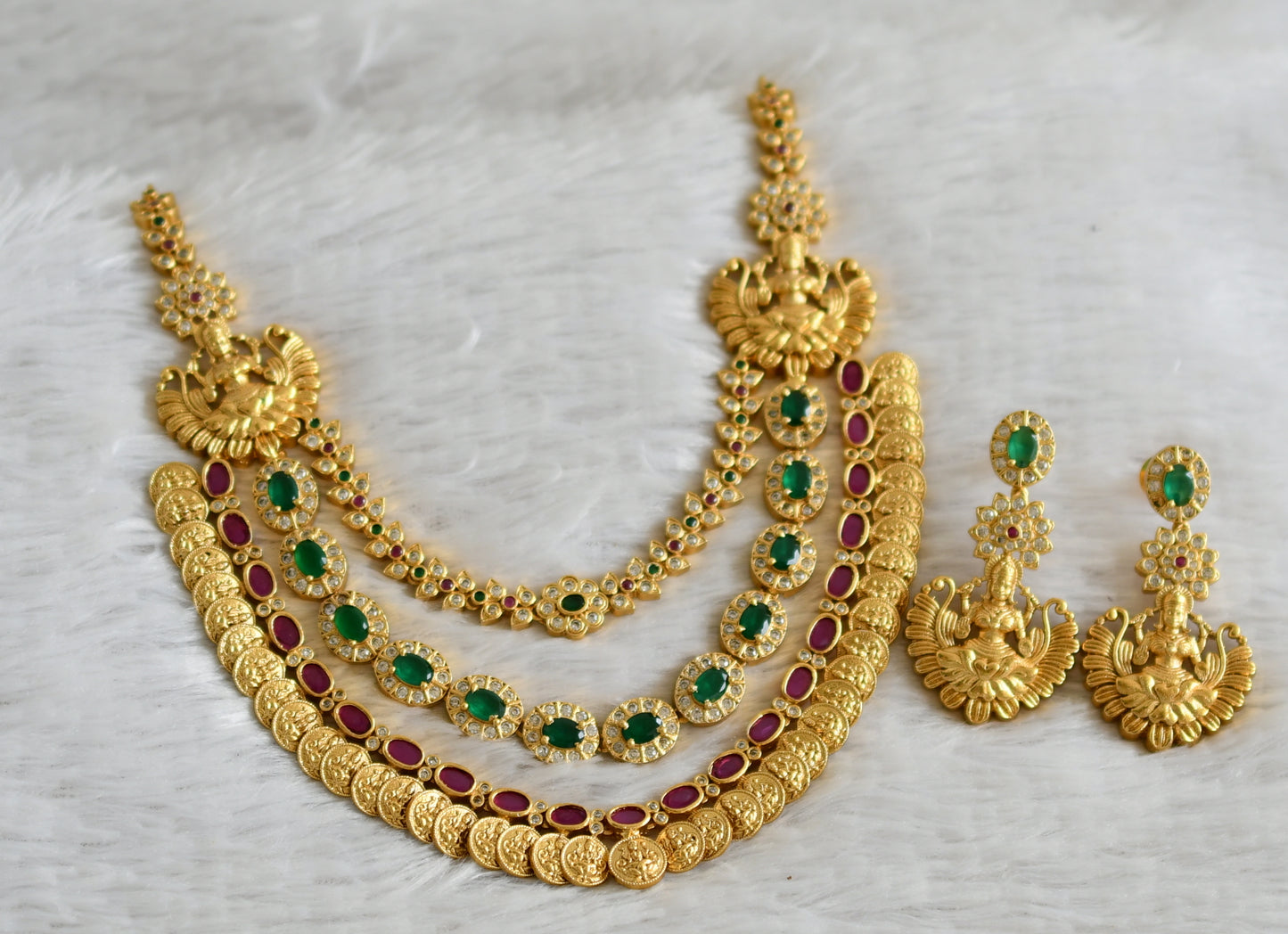 Matte finish cz ruby-emerald lakshmi coin flower mugappu multilayer necklace set dj-49091