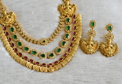 Matte finish cz ruby-emerald lakshmi coin flower mugappu multilayer necklace set dj-49091