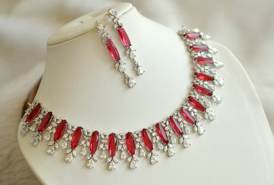 Silver tone cz magenta pink necklace set dj-28470