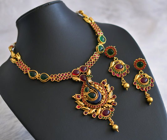 Antique Kemp-green Meenakari Peacock Necklace Set-dj09164