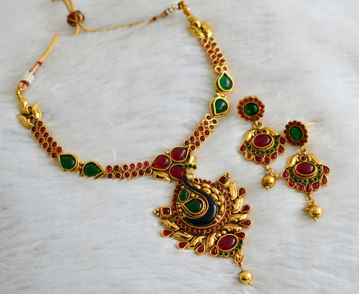 Antique Kemp-green Meenakari Peacock Necklace Set-dj09164