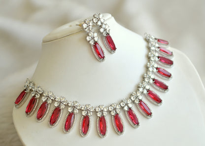 Silver tone cz magenta pink flower necklace set dj-28440
