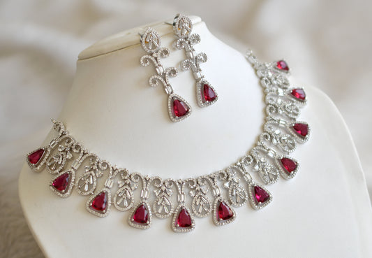 Silver tone cz magenta pink necklace set dj-28469