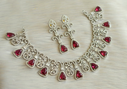 Silver tone cz magenta pink necklace set dj-28469