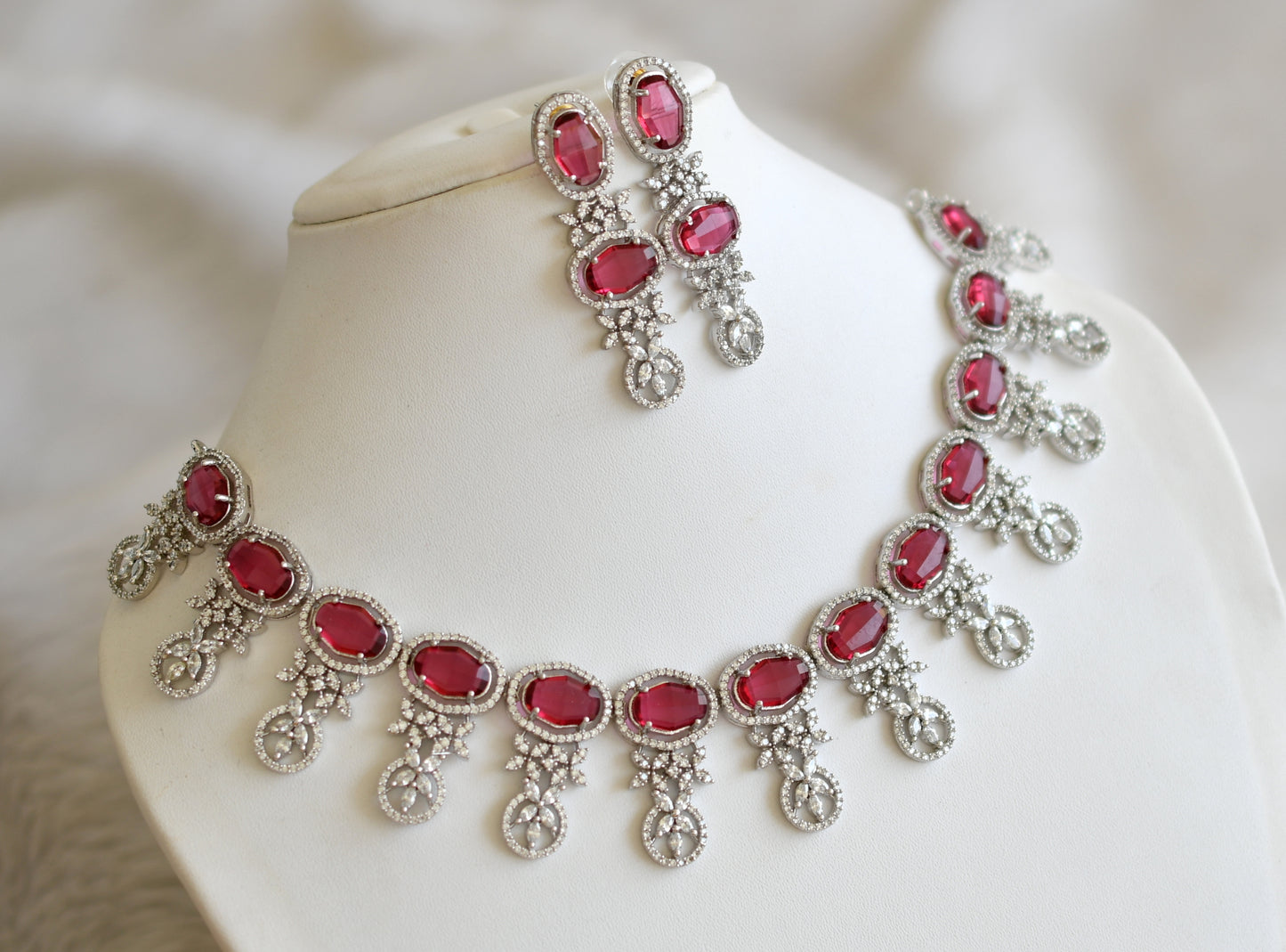 Silver tone cz magenta pink necklace set dj-28459