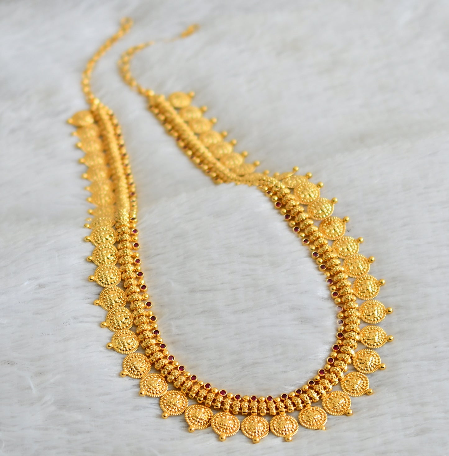 Gold look alike ad pink stone lakshmi coin haar set dj-49094