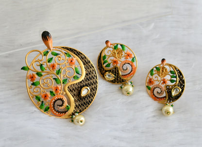 Matte Finish Orange-green Meenakari flower Pendant Set-dj09151