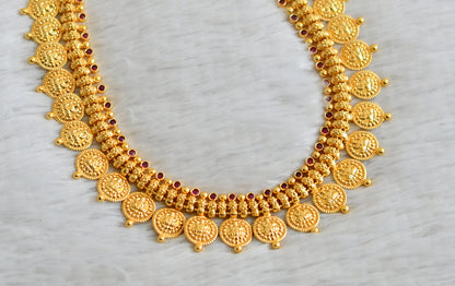 Gold look alike ad pink stone lakshmi coin haar set dj-49094