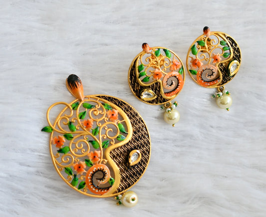 Matte Finish Orange-green Meenakari flower Pendant Set-dj09151