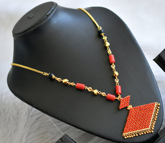 Gold tone 24 inches coral-black bead chain with coral pathakkam  pendant dj-45609