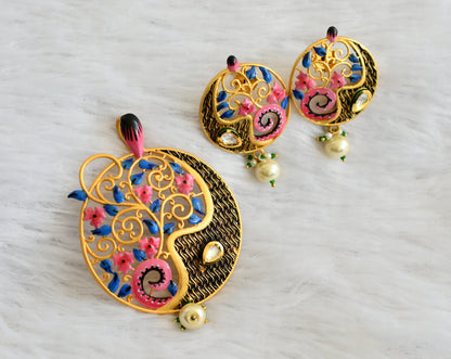 Matte Finish Pink-blue Meenakari flower Pendant Set-dj09150