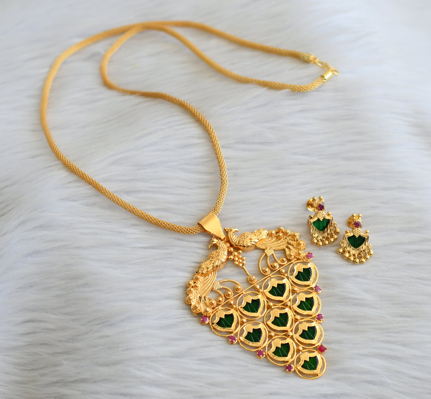 Gold tone pink-green palakka peacock necklace set dj-45608