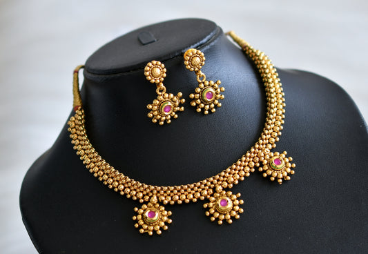 Antique gold tone pink necklace set dj-03922