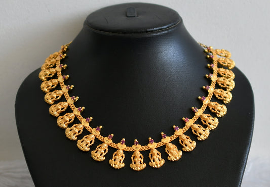 Matte gold tone ruby stone lakshmi necklace dj-49109