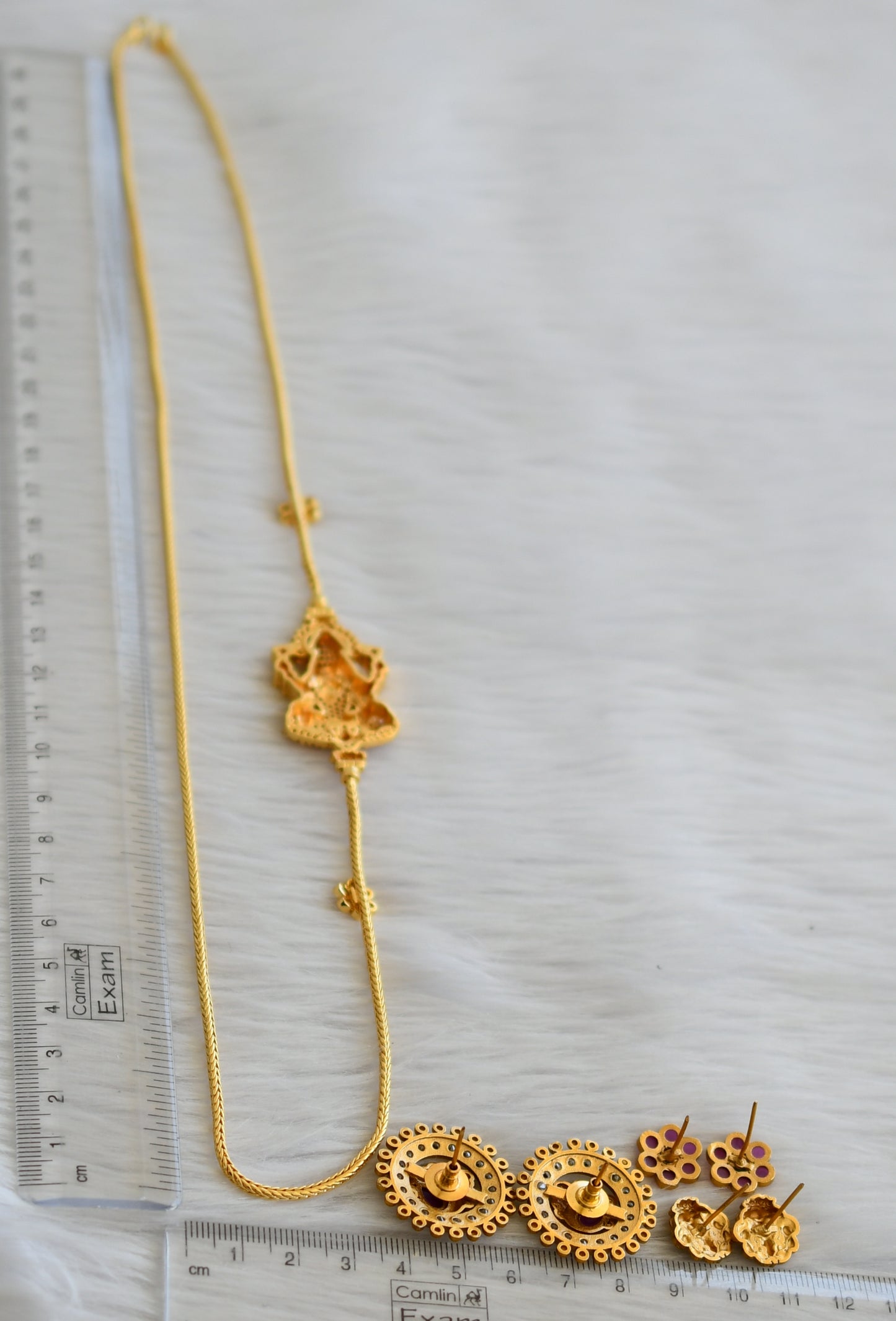 Gold tone 24 inches cz white lakshmi mugappu wiith color changeable earrings combo dj-45606
