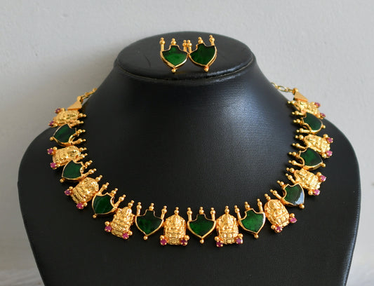 Gold look alike ruby-green palakka lakshmi necklace set dj-49110